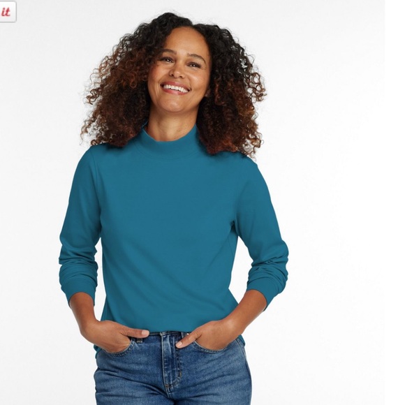 L.L. Bean - Interlock Mock-Turtleneck, Long-Sleeve - Deep Turquoise - Size L - Picture 1 of 6